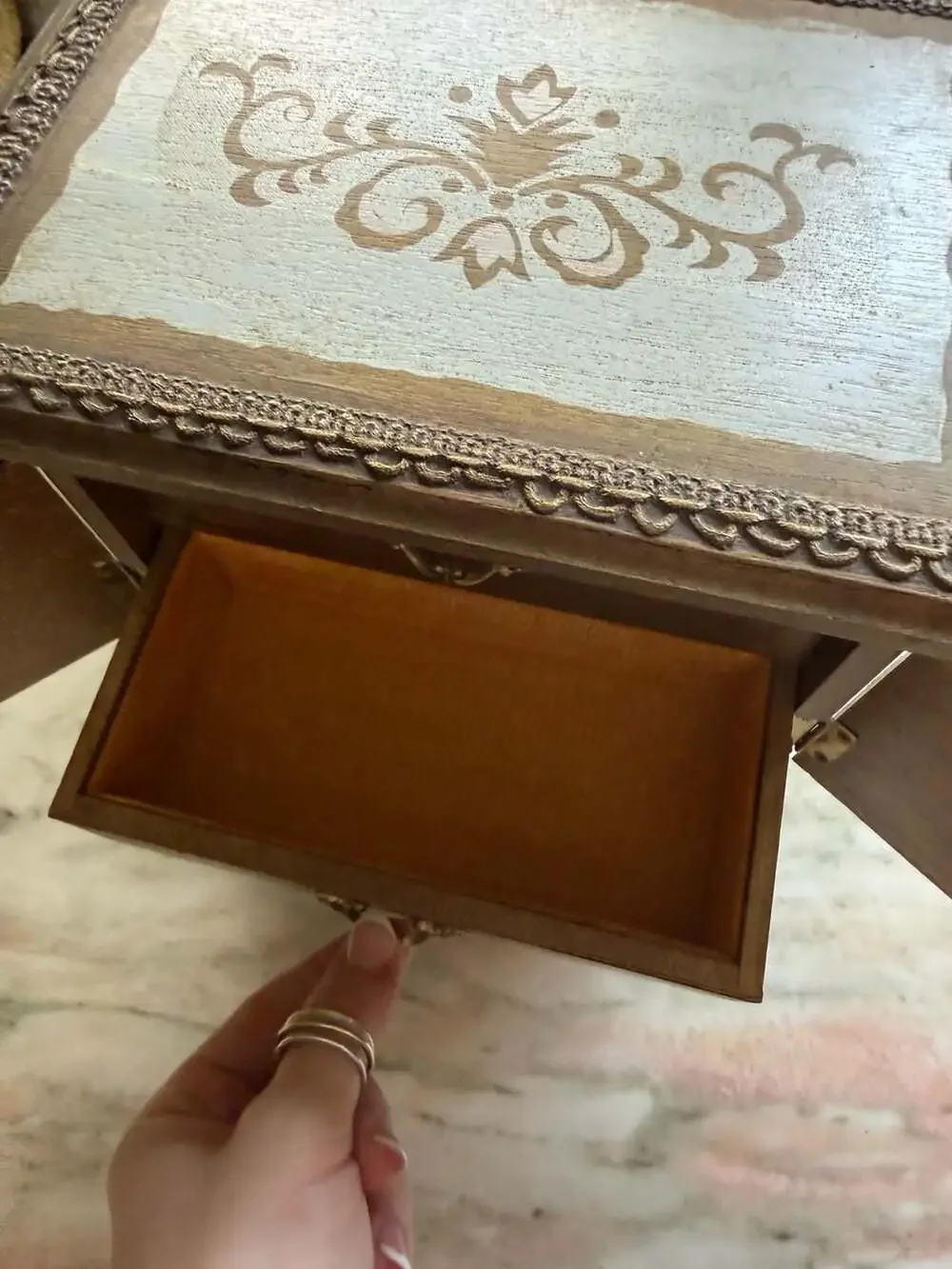Vintage Florentine Wooden Miniature Armoire Jewelry Box with Romantic Scene Pane